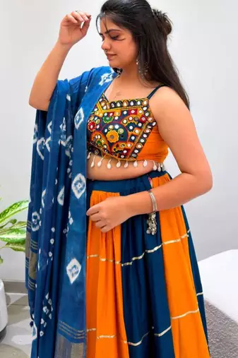 orange cotton-poly plain gota patti circular lehenga Lehenga Choli for Navratri- free size
