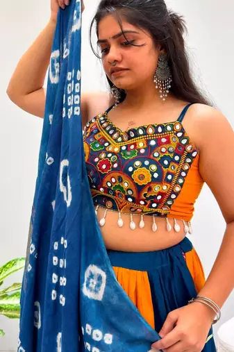 orange cotton-poly plain gota patti circular lehenga Lehenga Choli for Navratri- free size
