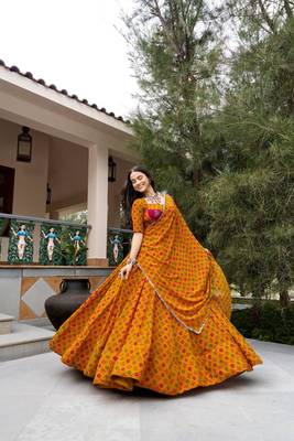 mustard georgette printed bandhej circular lehenga Lehenga Choli for Navratri 1