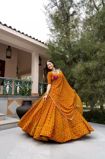 mustard georgette printed bandhej circular lehenga Lehenga Choli for Navratri