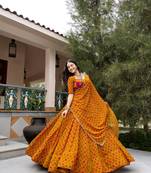 mustard georgette printed bandhej circular lehenga Lehenga Choli for Navratri