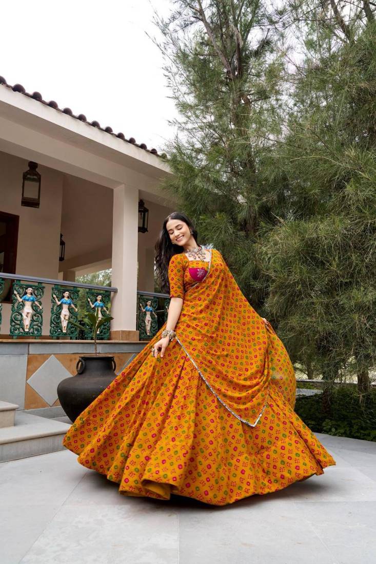 mustard georgette printed bandhej circular lehenga Lehenga Choli for Navratri