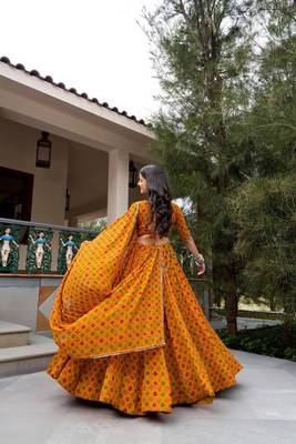 mustard georgette printed bandhej circular lehenga Lehenga Choli for Navratri 2