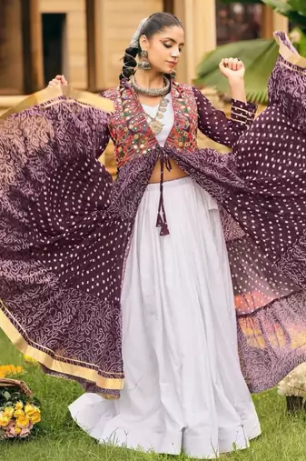 purple cotton-poly plain bandhej circular lehenga Lehenga Choli for Navratri- free size