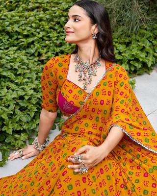 mustard georgette printed bandhej circular lehenga Lehenga Choli for Navratri 3