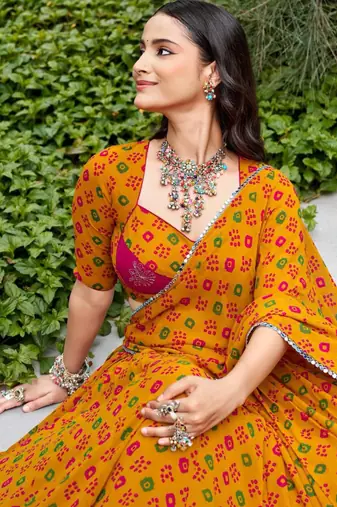 mustard georgette printed bandhej circular lehenga Lehenga Choli for Navratri