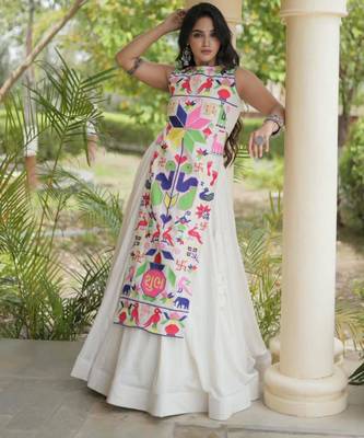 white cotton-poly plain thread work circular lehenga Lehenga Choli for Navratri 2