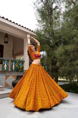 mustard georgette printed bandhej circular lehenga Lehenga Choli for Navratri 4