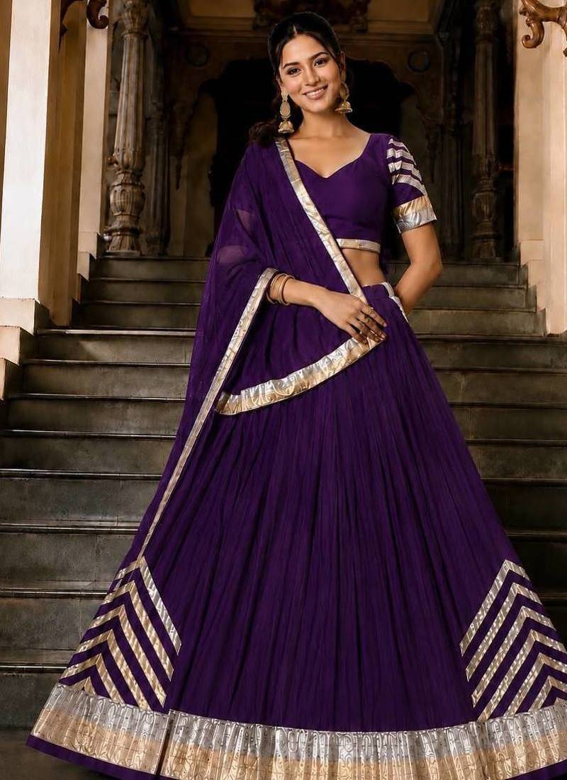 Navratri Violet Silk Blend Plain Lehenga Choli