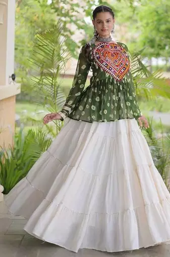 Navratri White Cotton Poly Plain Lehenga Choli