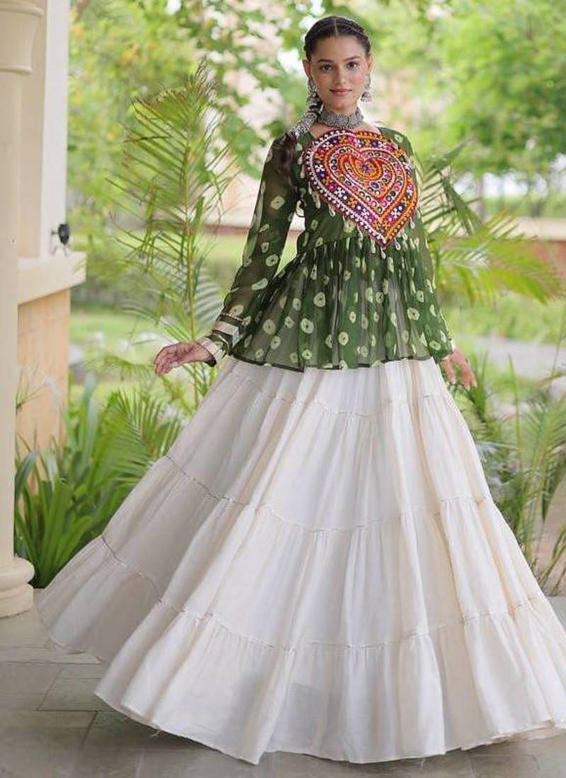 Navratri White Cotton Poly Plain Lehenga Choli