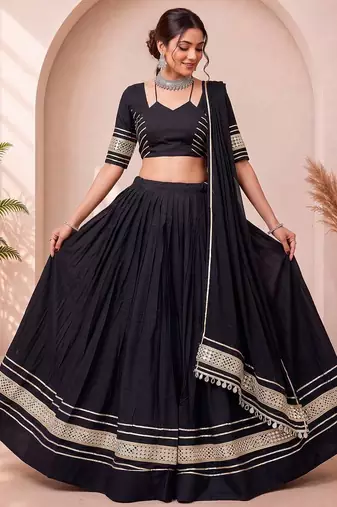 Navratri Black Cotton Poly Plain Lehenga Choli