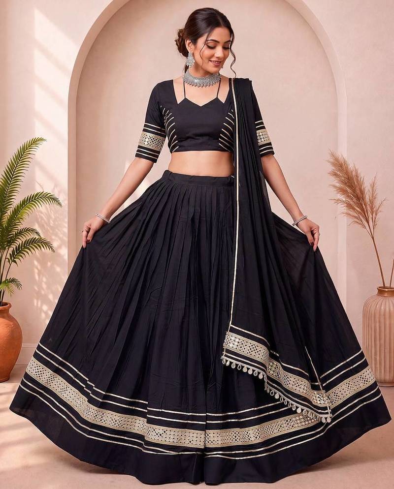 Navratri Black Cotton Poly Plain Lehenga Choli