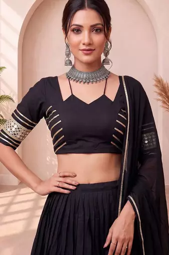 Navratri Black Cotton Poly Plain Lehenga Choli