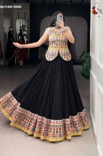 black rayon printed patch work circular lehenga Lehenga Choli for Navratri