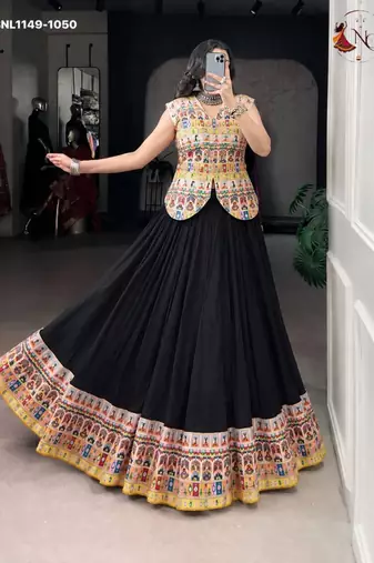 black rayon printed patch work circular lehenga Lehenga Choli for Navratri
