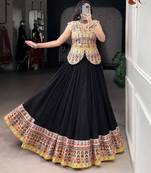 black rayon printed patch work circular lehenga Lehenga Choli for Navratri