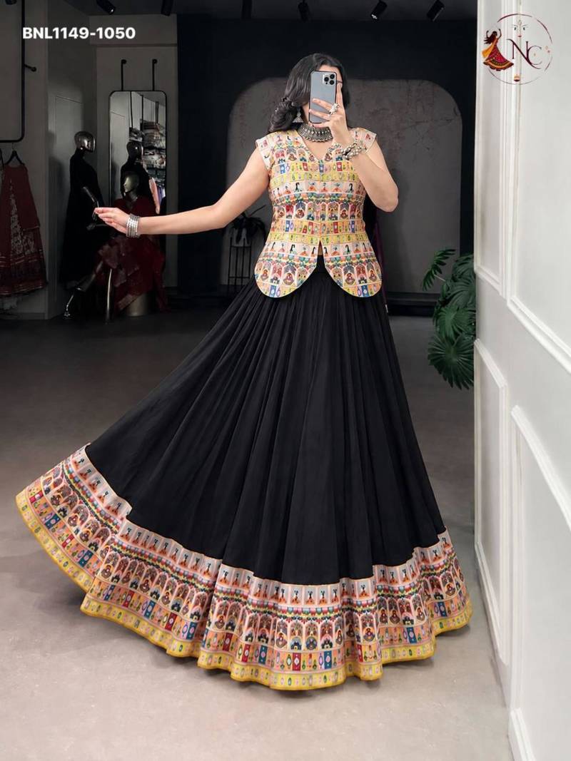 black rayon printed patch work circular lehenga Lehenga Choli for Navratri