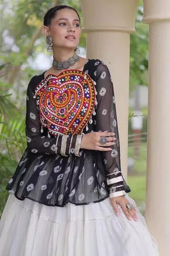Navratri White Cotton Poly Plain Lehenga Choli