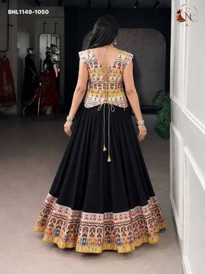 black rayon printed patch work circular lehenga Lehenga Choli for Navratri 2