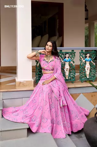 green georgette printed bandhej circular lehenga Lehenga Choli for Navratri