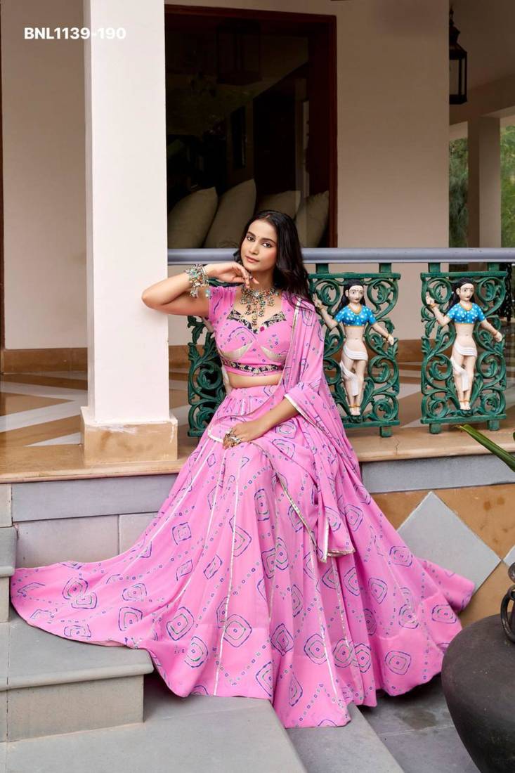 green georgette printed bandhej circular lehenga Lehenga Choli for Navratri
