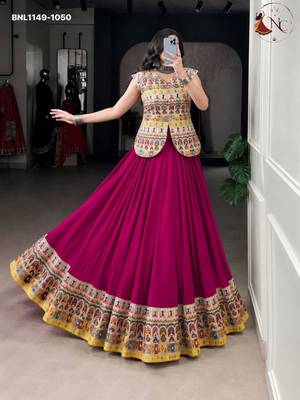 dark magenta rayon printed floral print circular lehenga Lehenga Choli for Navratri 1