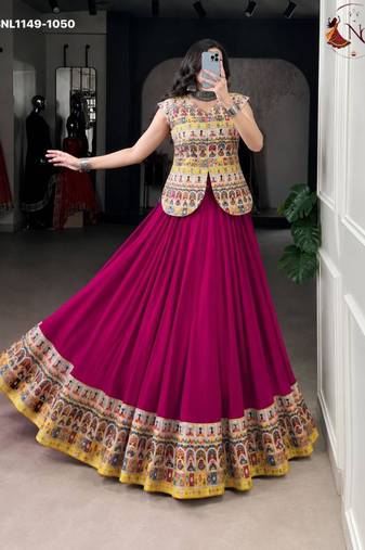 dark magenta rayon printed floral print circular lehenga Lehenga Choli for Navratri