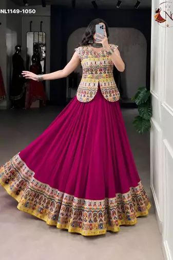 dark magenta rayon printed floral print circular lehenga Lehenga Choli for Navratri