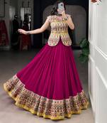 dark magenta rayon printed floral print circular lehenga Lehenga Choli for Navratri