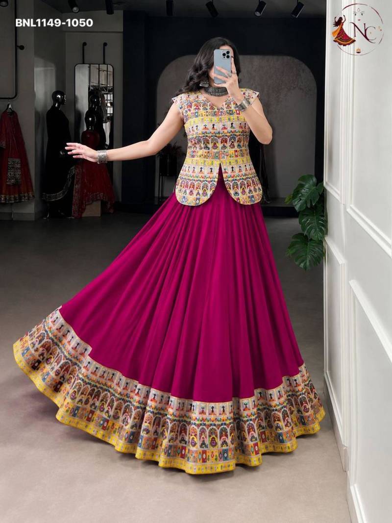 dark magenta rayon printed floral print circular lehenga Lehenga Choli for Navratri