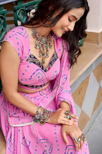 green georgette printed bandhej circular lehenga Lehenga Choli for Navratri