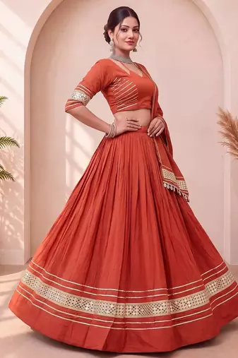 Navratri Orange Cotton Poly Plain Lehenga Choli
