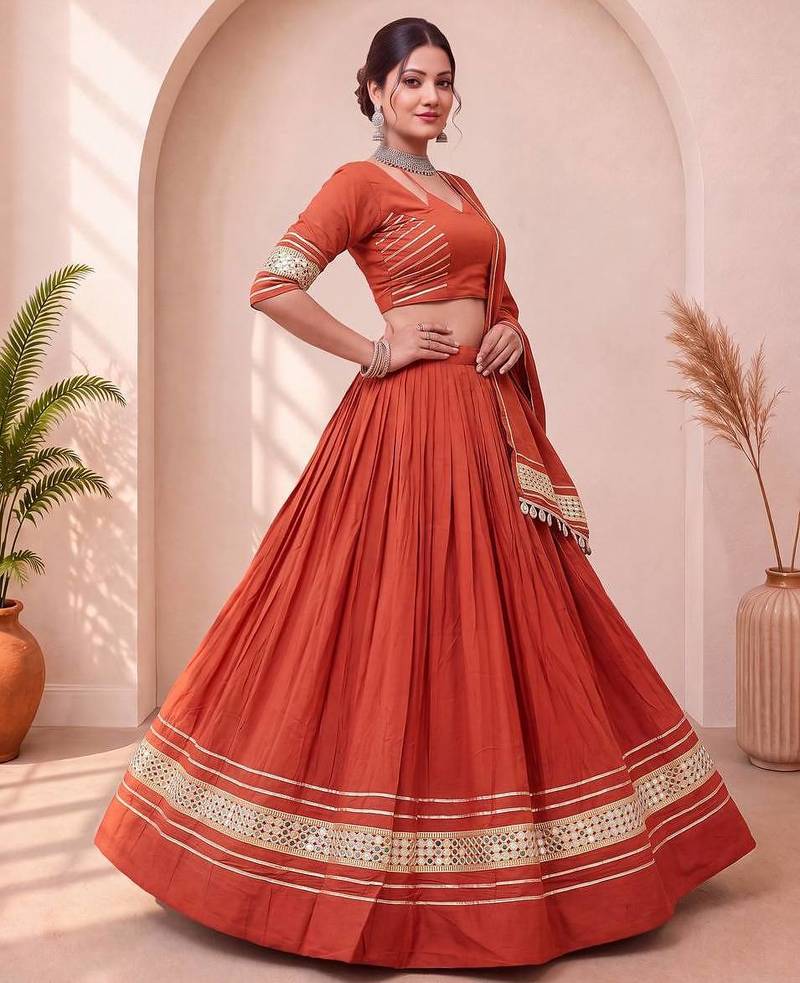Navratri Orange Cotton Poly Plain Lehenga Choli