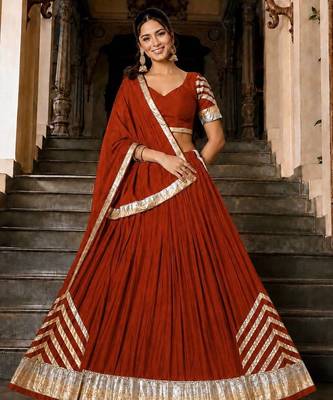 Navratri Orange Silk Blend Plain Lehenga Choli 1