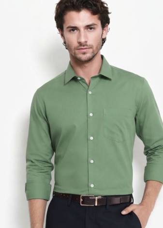 Men's Plain Green Spread Collar Cotton Blended Casual Wear Shirt