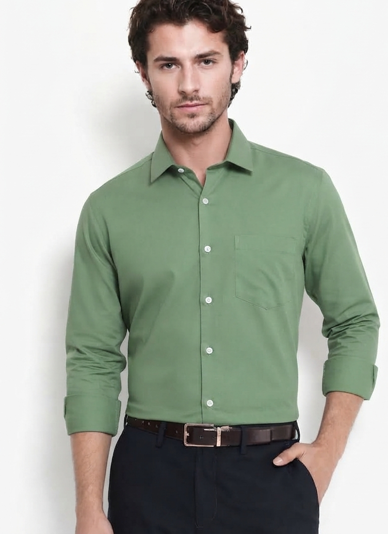 Men's Plain Green Spread Collar Cotton Blended Casual Wear Shirt
