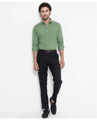 Men's Plain Green Spread Collar Cotton Blended Casual Wear Shirt 2