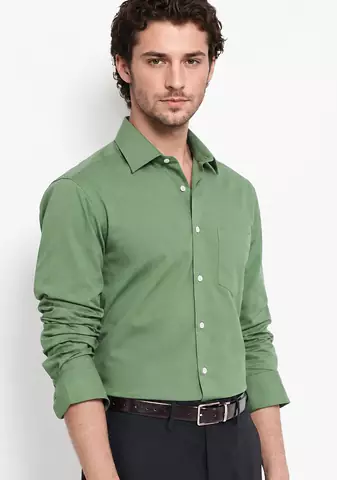 Men's Plain Green Spread Collar Cotton Blended Casual Wear Shirt