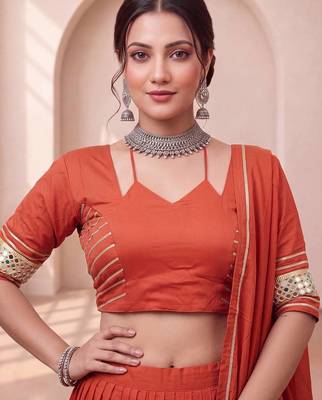 Navratri Orange Cotton Poly Plain Lehenga Choli 4