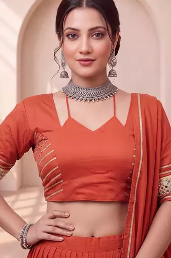 Navratri Orange Cotton Poly Plain Lehenga Choli