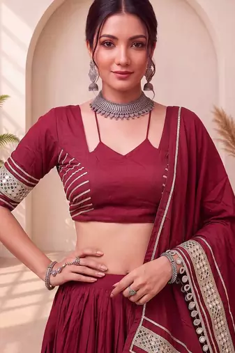 Navratri Maroon Cotton Poly Plain Lehenga Choli