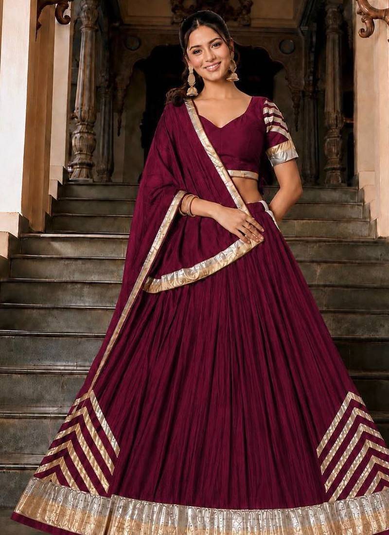 Navratri Wine Silk Blend Plain Lehenga Choli
