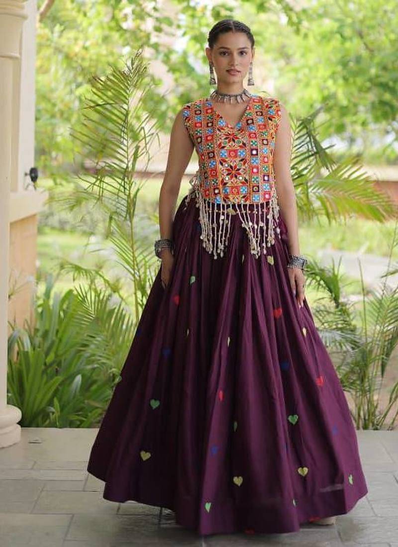 Navratri Violet Cotton Poly Embroidered Lehenga Choli