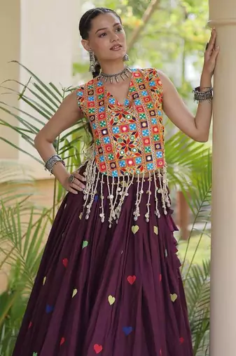 Navratri Violet Cotton Poly Embroidered Lehenga Choli