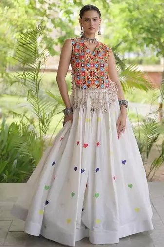 Navratri White Cotton Poly Embroidered Lehenga Choli