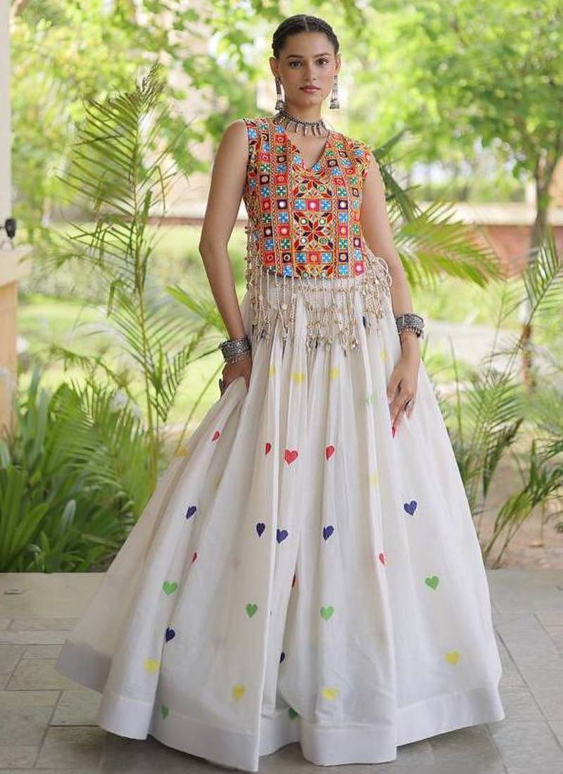 Navratri White Cotton Poly Embroidered Lehenga Choli