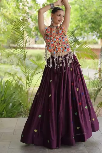 Navratri Violet Cotton Poly Embroidered Lehenga Choli