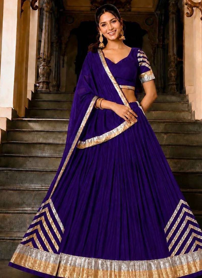 Navratri Blue Silk Blend Plain Lehenga Choli