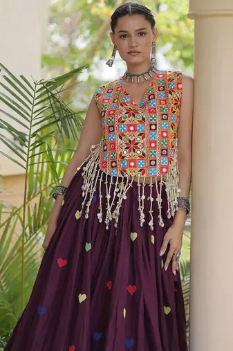 Navratri Violet Cotton Poly Embroidered Lehenga Choli